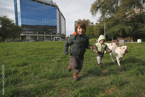 Little boys playing and running with their dogs on lawn