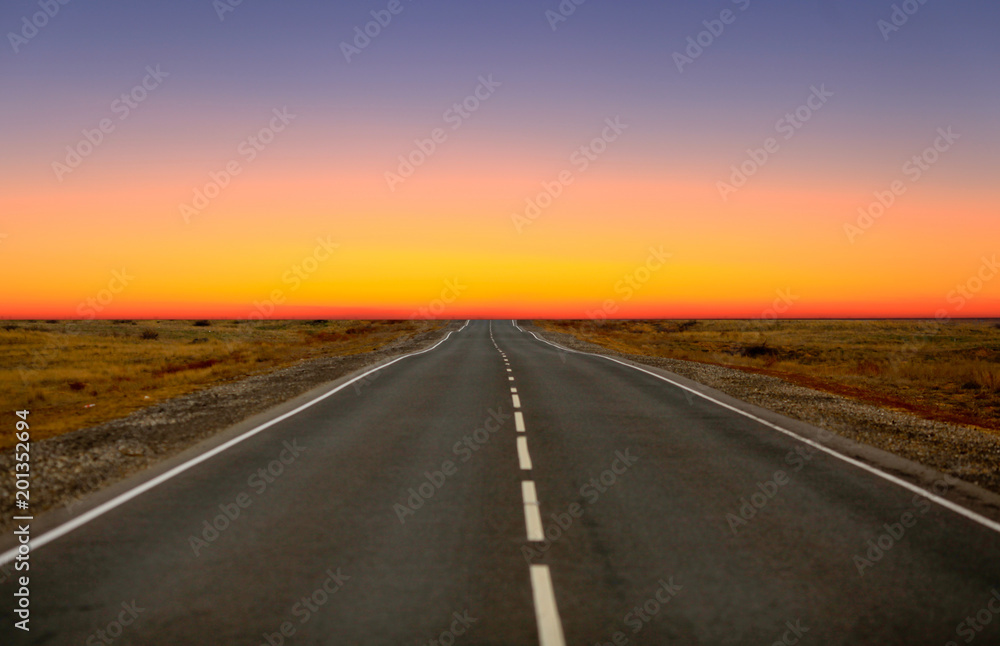 An empty asphalt road in the steppe at sunset. The Astrakhan region. Russia.