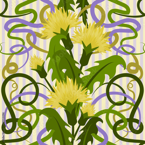 Fototapeta Naklejka Na Ścianę i Meble -  Seamless background with flowers dandelions in art nouveau style, vector illustration