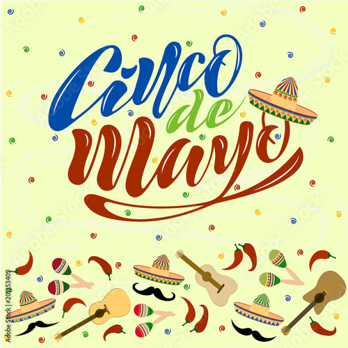 Handwritten text on a textured background for the holiday cinco de mayo on May 5 for a banner, logo, postcard, menu. Mexico, musical instruments, maracas, hats, sombrero, guitar, colorful. vector