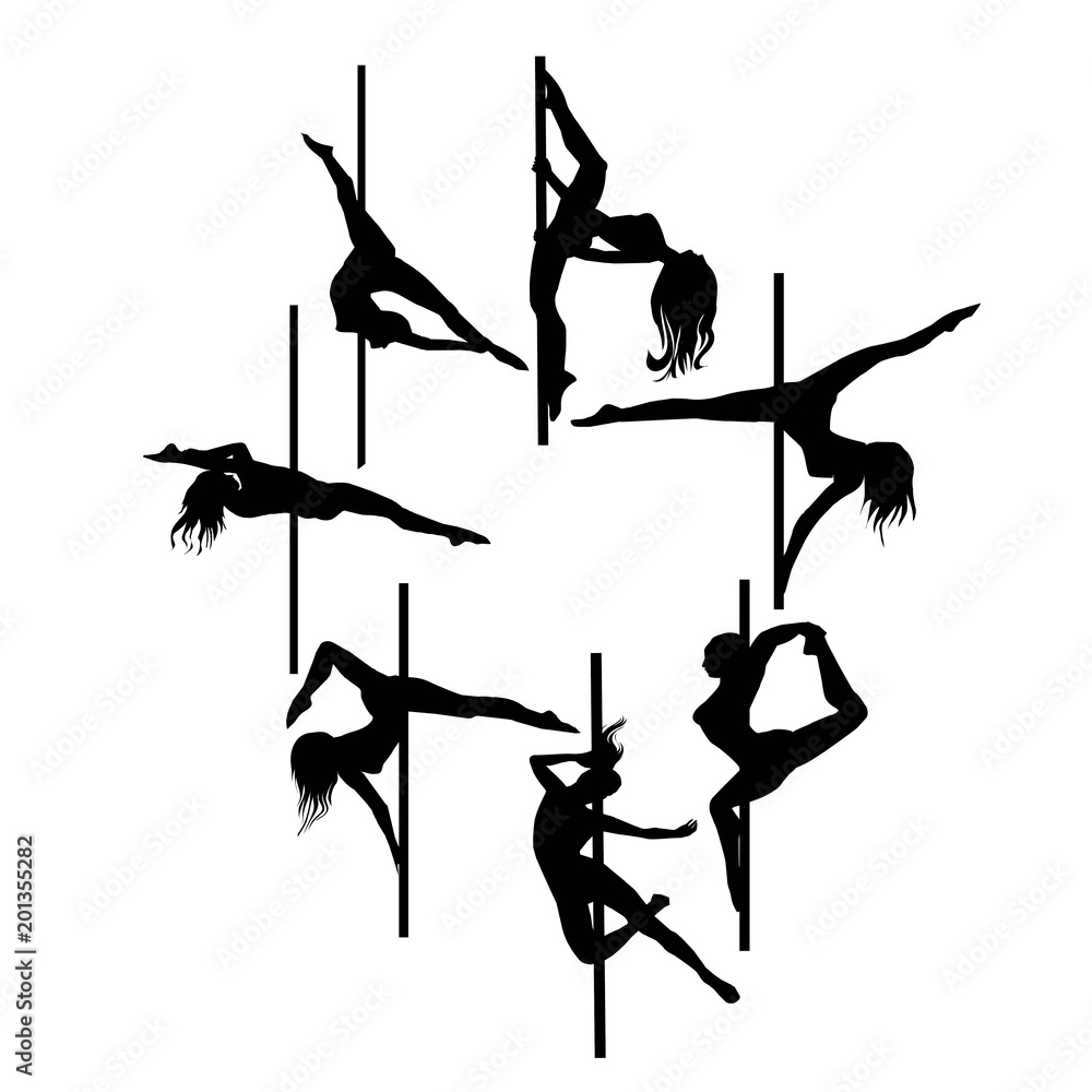 Vector silhouette of girl and pole on a white background. Pole dance illustration. EPS10 - obrazy, fototapety, plakaty 