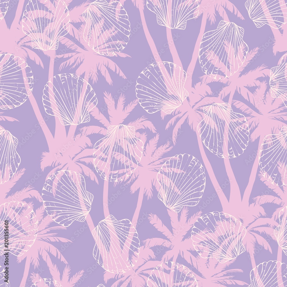 Fototapeta premium Hand drawn vector illustrations - seamless pattern of seashells. Marine background.