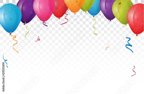 Colorful birthday balloon with bunting flags and confetti