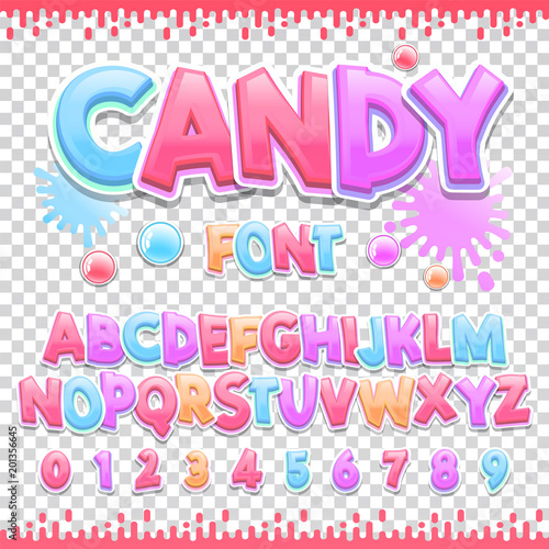 Candy Latin font design. Sweet ABC letters and numbers. Cute children alphabet.