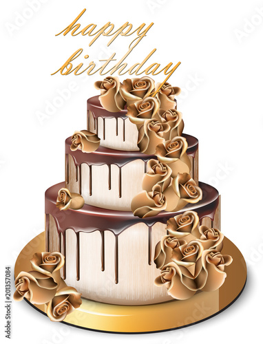 Happy Birthday golden cake Vector. Delicious dessert with gold roses flowers ...