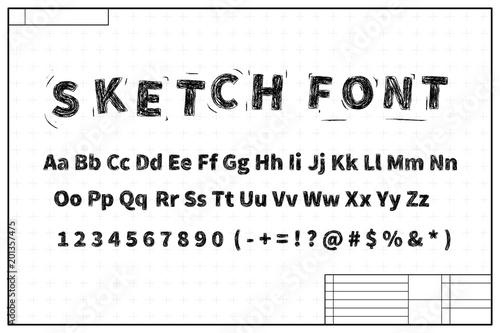 Black sketch font on blueprint layout plan with marks