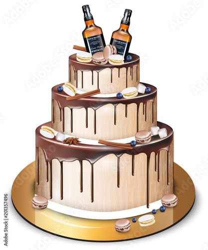 Happy Birthday delicious cake Vector. Whiskey bottles and macaroons decor. Mo...