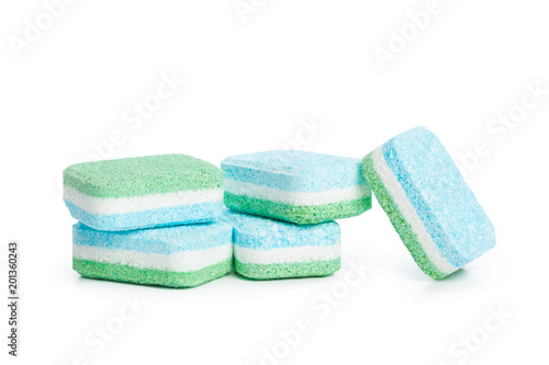Dishwasher tablets on a white background