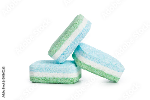 Dishwasher tablets on a white background
