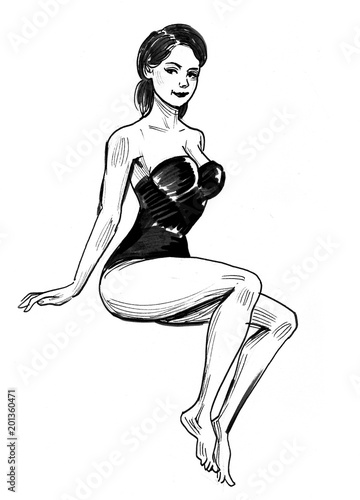 Ink black and white drawing of a pin-up woman