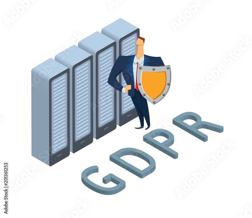 GDPR, RGPD, DSGVO concept illustration. General Data Protection Regulation. The protection of personal data. Server and security guard, isolated on white background.