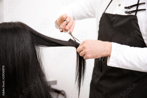 Professional male hairdresser working with client in salon