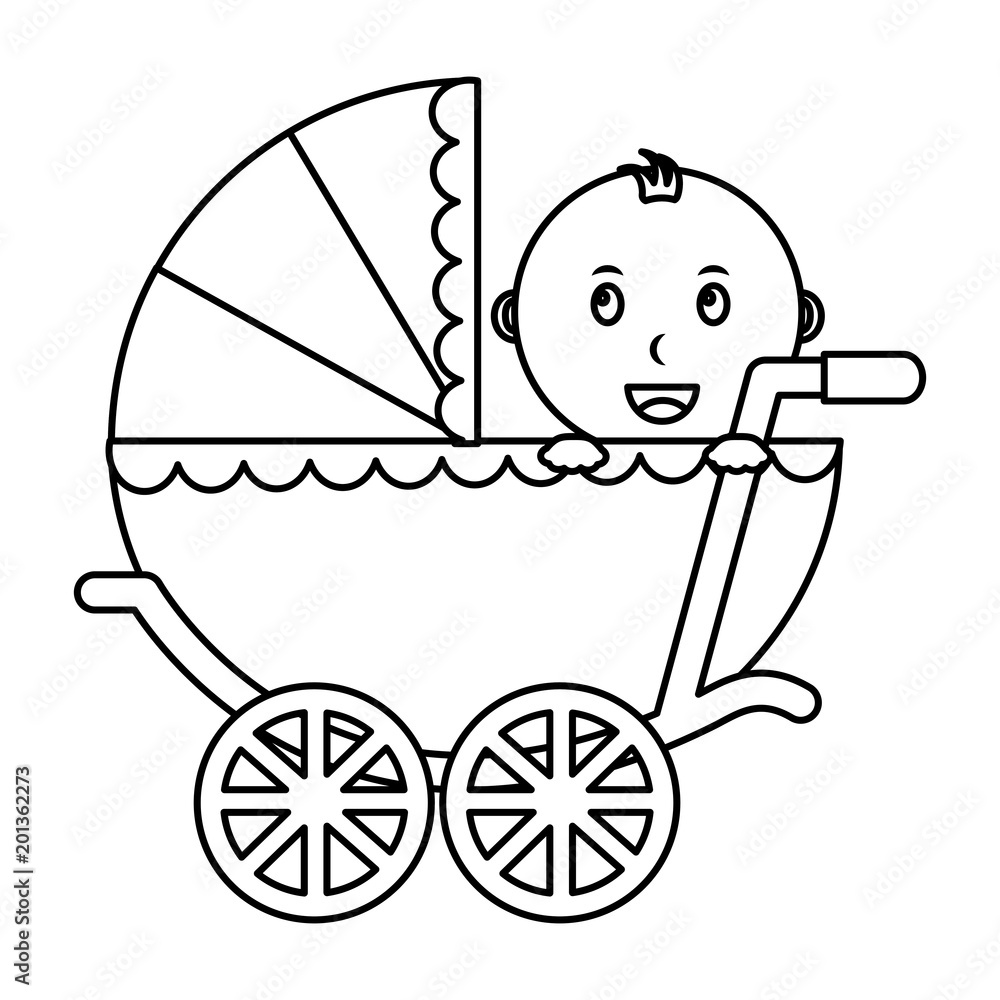 cute boy baby in pram transport vector illustration outline Stock