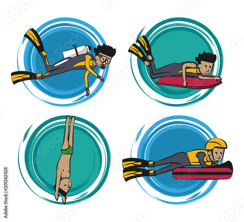 Set of water sports cartoons on round icons vector illustration graphic design