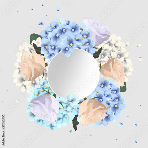 Flower vector greeting card with violets and roses flowers with lettering design.Modern floral vector art in watercolor style for sales, 8 March, wedding, Valentine's Day, Mother's Day.