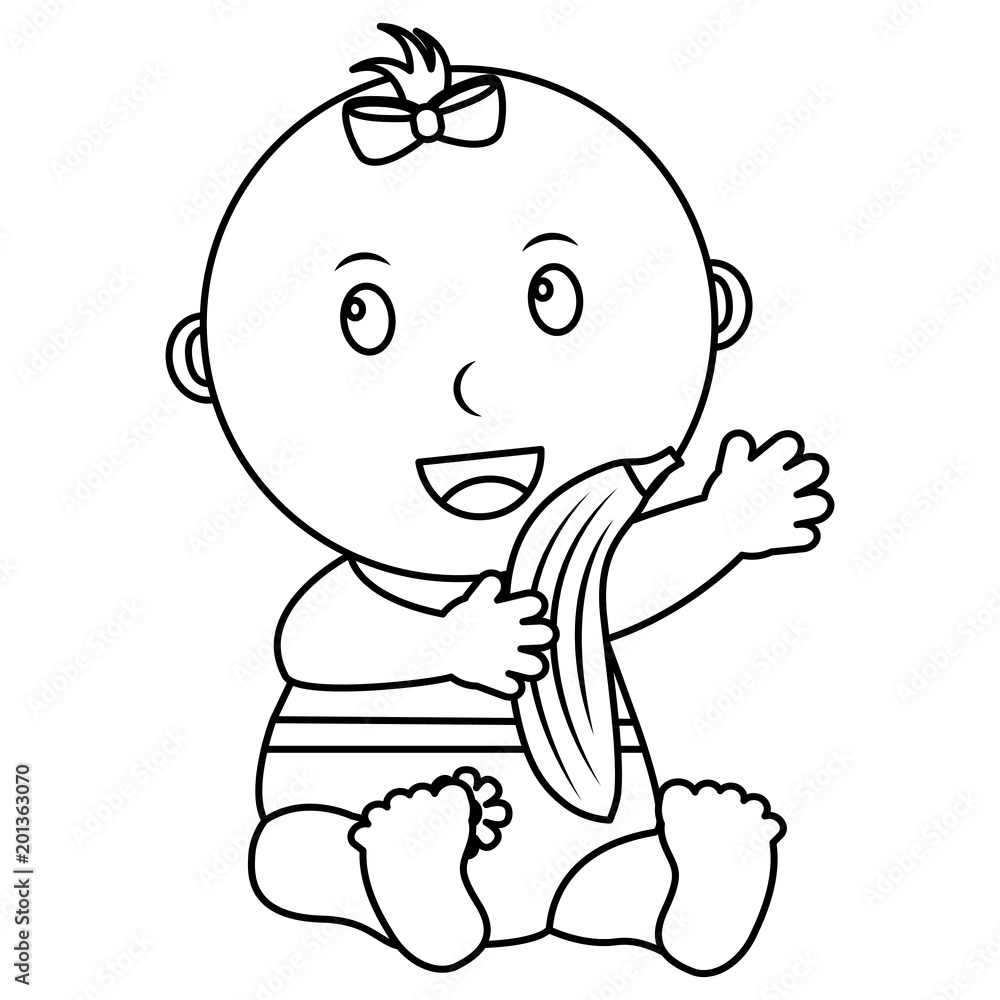 cute little baby girl sitting with a banana vector illustration outline cute little baby girl sitting with a banana vector illustration outline