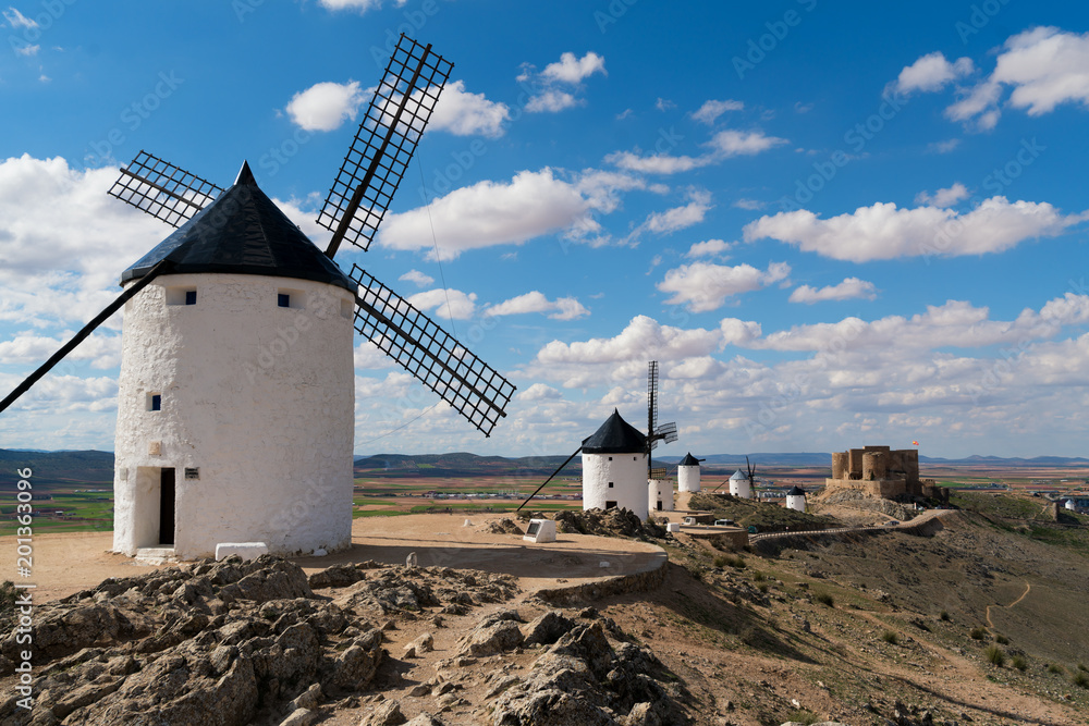 windmills with castle, Consuegra, Castile-La Mancha, Spain.