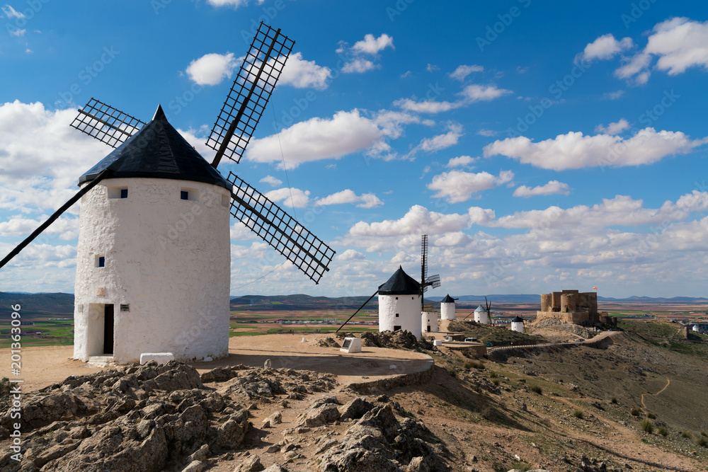 windmills with castle, Consuegra, Castile-La Mancha, Spain. windmills with castle, Consuegra, Castile-La Mancha, Spain.