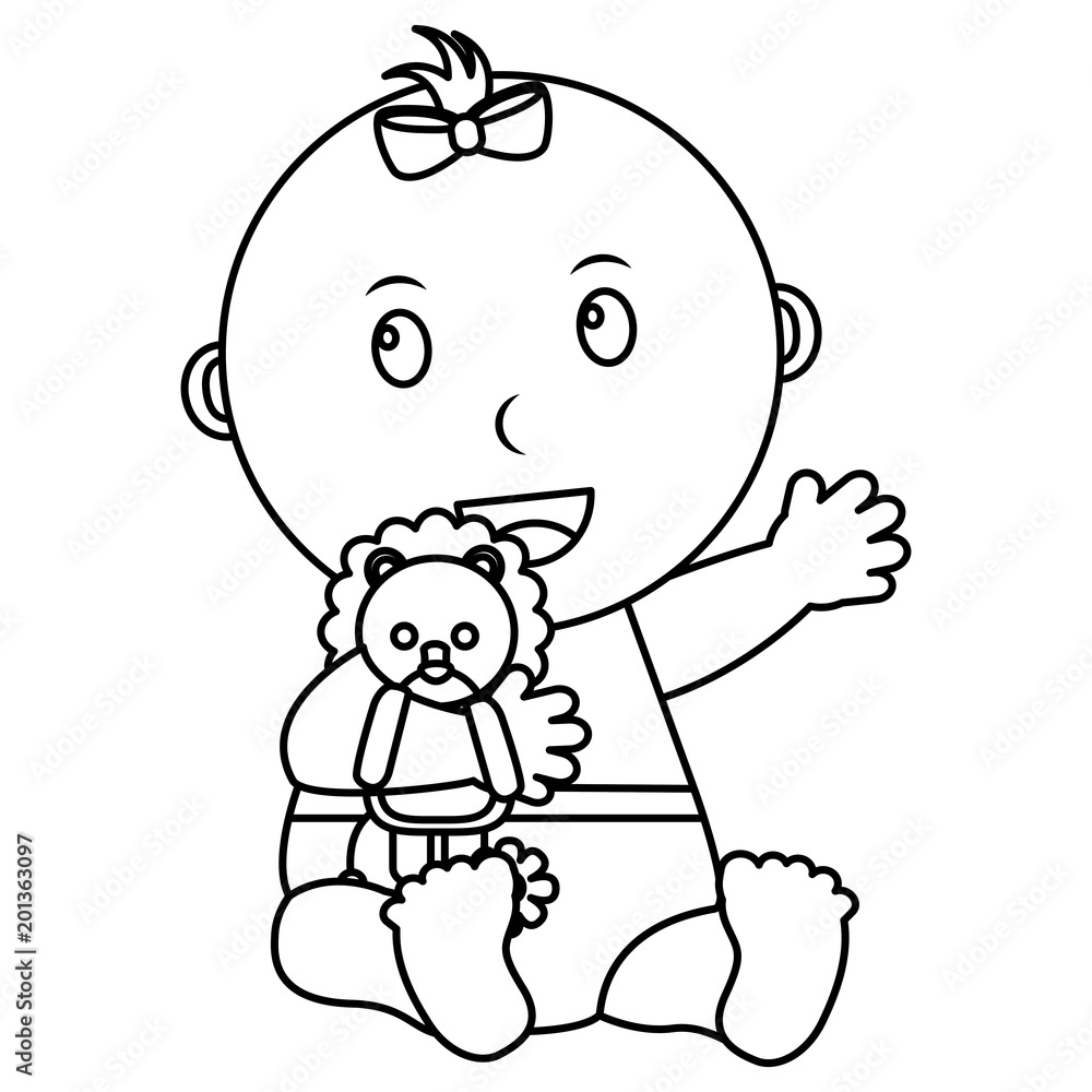 cute little baby girl embraced lion toy vector illustration outline cute little baby girl embraced lion toy vector illustration outline