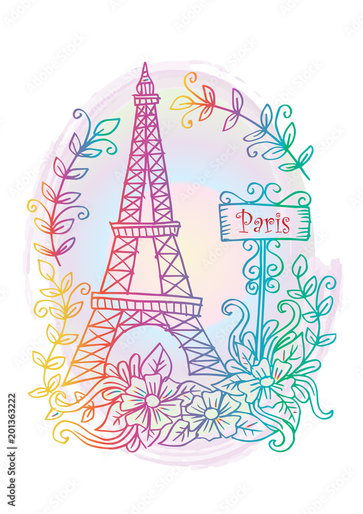 Eiffel tower with floral ornament.	