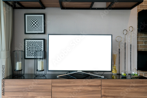 TV and shelf in living room Contemporary style. Furniture in brown with decorative at home.