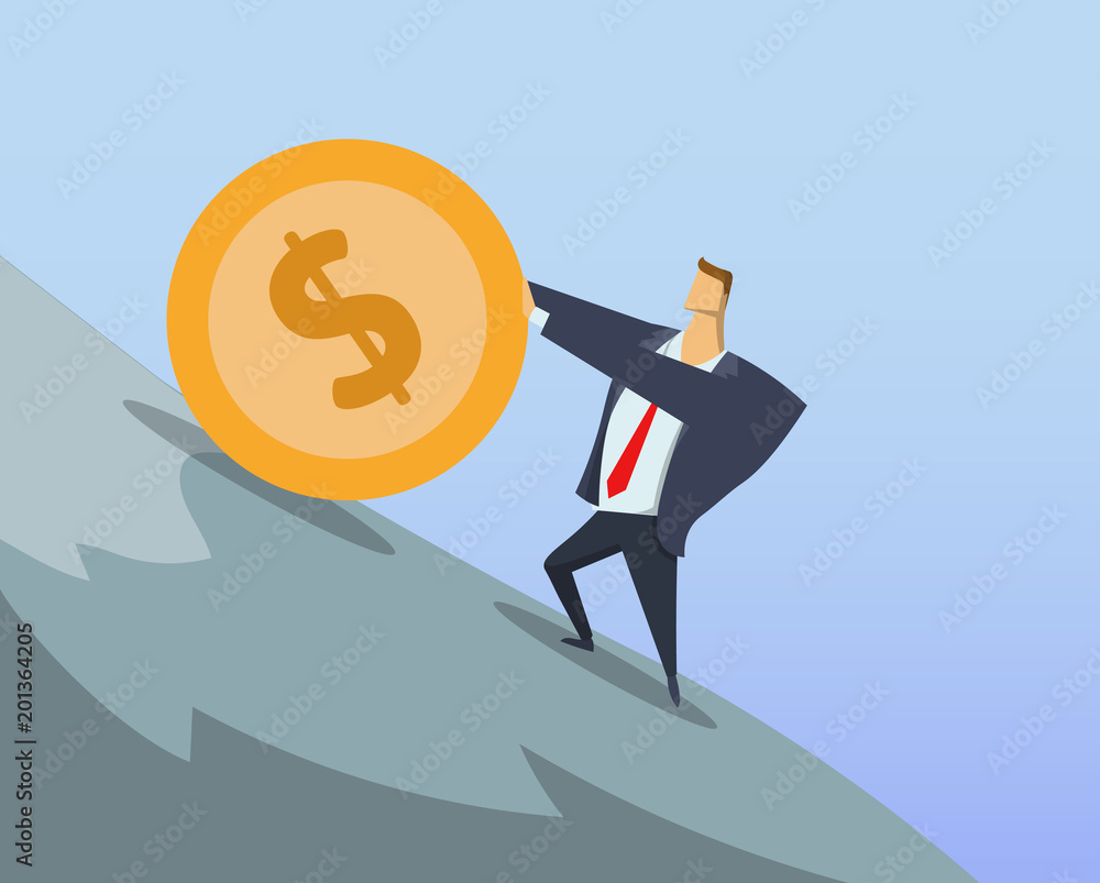 Entrepreneur in office suit pushing big dollar coin up the steep hill. Sisyphean labour. Sisyphean business. Achieving goals. Race for success. Concept flat vector illustration. Horizontal. Entrepreneur in office suit pushing big dollar coin up the steep hill. Sisyphean labour. Sisyphean business. Achieving goals. Race for success. Concept flat vector illustration. Horizontal.