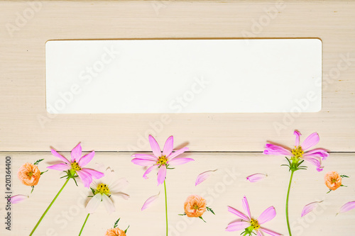 Pink flower cosmos on light wooden background with paper sheet, copy space, top view, mock up
