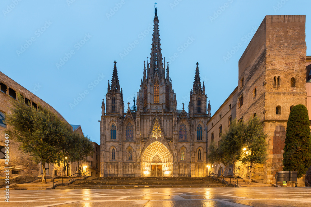 Panorama of Barcelona Cathedral of the Holy Cross and Saint Eulalia during morning blue hour, Barri Gothic Quarter in Barcelona, Catalonia, Spain.