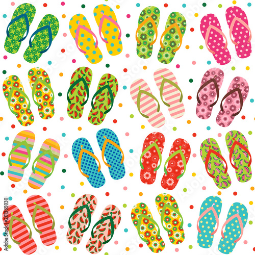 Vector seamless repeat pattern with colorful summer flip flops or beach sandals for vacation clothing and holiday fashion designs