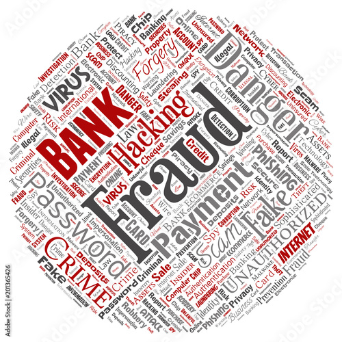 Vector conceptual bank fraud payment scam danger round circle red word cloud isolated background. Collage of password hacking, virus fake authentication, illegal transaction or identity theft concept