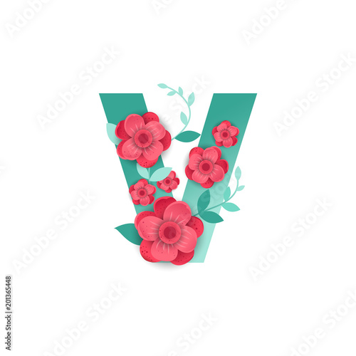 Color Letter V with beautiful flowers