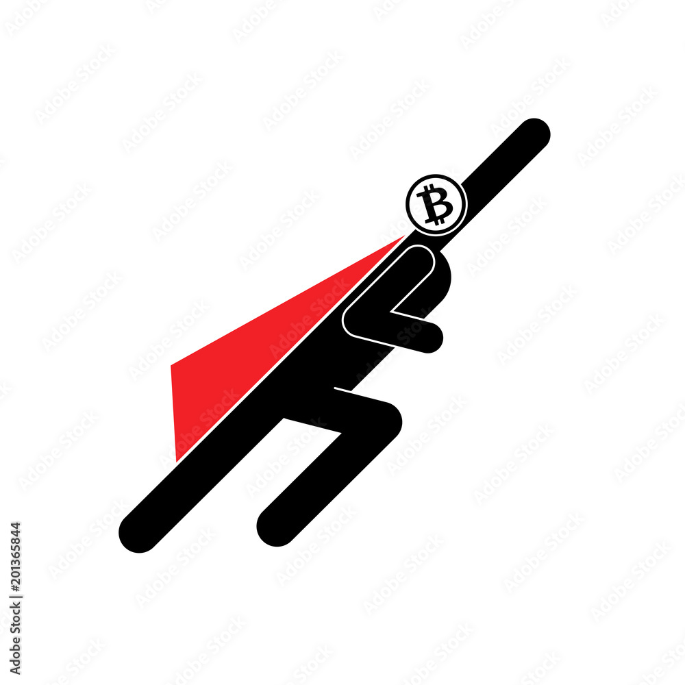 Bitcoinman flying up. Superhero Pictogram. Super hero sign and crypto currency symbol. Vector illustration