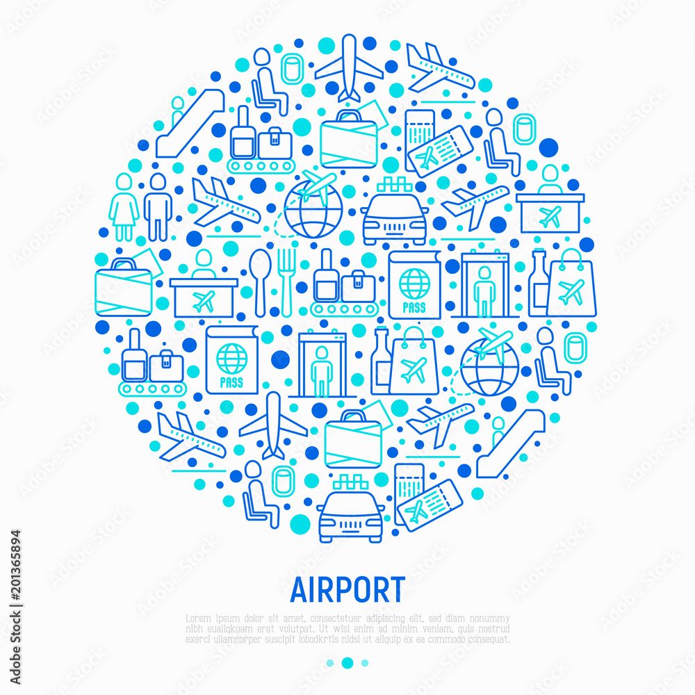 Airport concept in circle with thin line icons: check-in counter, gates, boarding pass, escalator, toilet, food court, baggage claim, wrapping service, duty free, departures. Vector illustration.