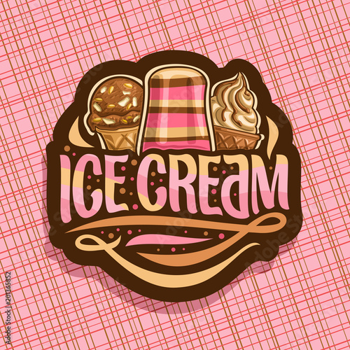 Vector logo of italian Ice Cream, dark label with scoop ball sundae in wafer cap, fruit striped popsicle on stick, soft serve icecream in waffle cone, original brush typeface for words ice cream.