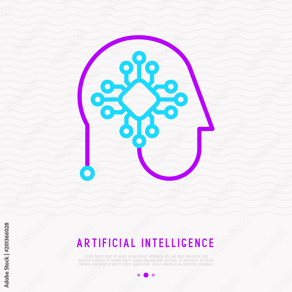 Artificial intelligence or machine learning thin line icon, chip in head. Modern vector illustration. Artificial intelligence or machine learning thin line icon, chip in head. Modern vector illustration.
