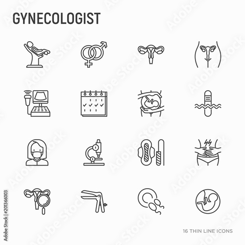 Gynecologist thin line icons set: uterus, ovaries, gynecological chair, pregnancy, ultrasound, sanitary napkin, test, embryo, menstruation, ovulation, vaginal expander. Modern vector illustration.