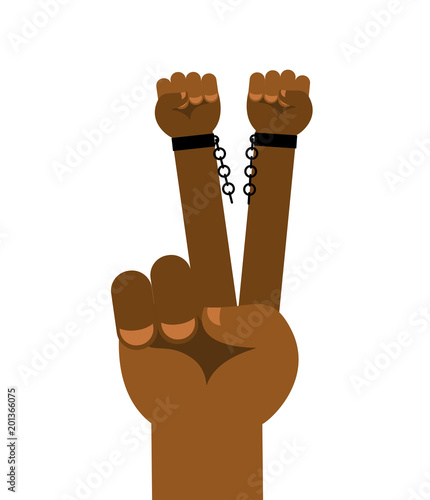 Abolition of slavery. Hand symbol victory. Arm slave with broken shackles. Broken chain.