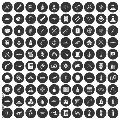 100 weapons icons set in simple style white on black circle color isolated on white background vector illustration
