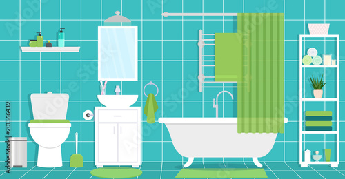 Interior design of the bathroom. Vector flat illustration.