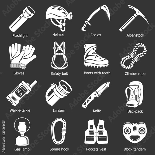 Speleology equipment icons set vector white isolated on grey background 
