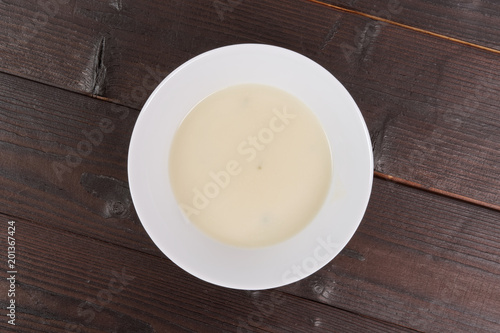 White garlic soup on a table