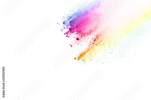 abstract powder splatted on white background Freeze motion of color powder exploding throwing color powder  multicolored glitter texture.
