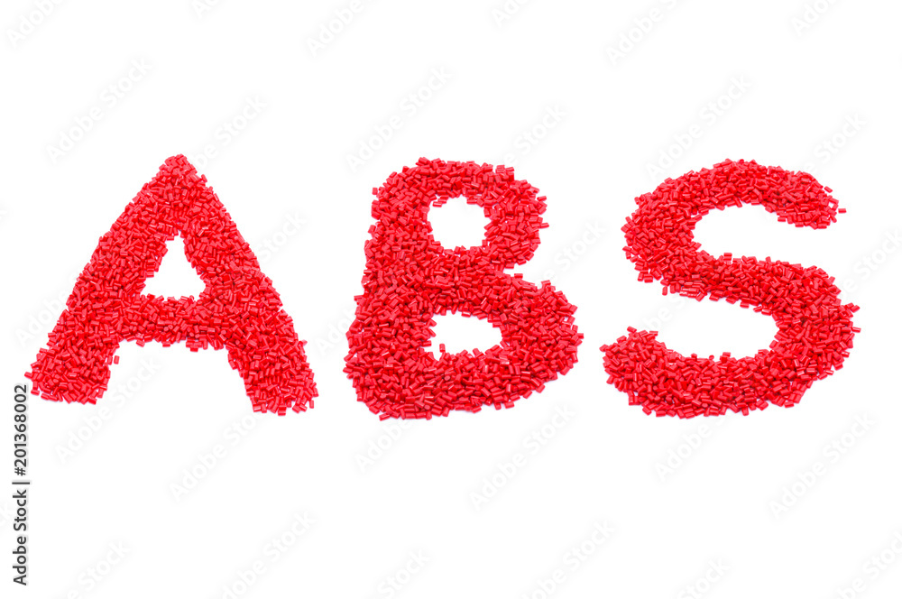 The words ABS of red plastic polymer isolated on a white background. The words ABS of red plastic polymer isolated on a white background.