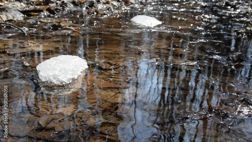 Early spring landscape of the snow in the forest. Melting snow in the spring in the forest. Spring creek flows through the forest. The camera moves from right to left.
