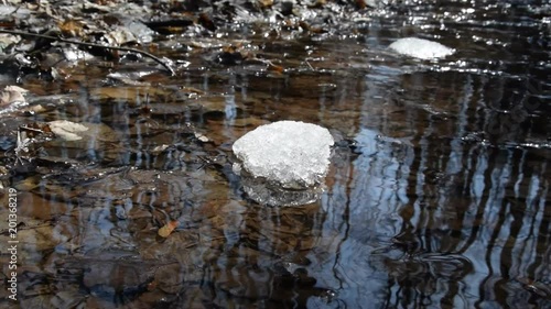 Early spring landscape of the snow in the forest. Melting snow in the spring in the forest. Spring creek flows through the forest. The camera moves from right to left.