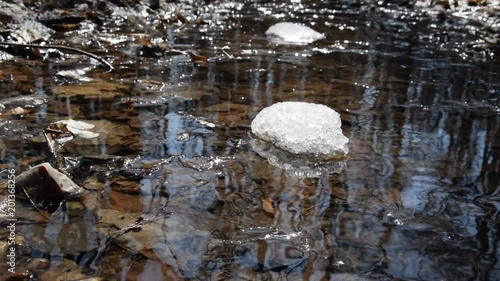 Early spring landscape of the snow in the forest. Melting snow in the spring in the forest. Spring creek flows through the forest. Camera moves from left to right.