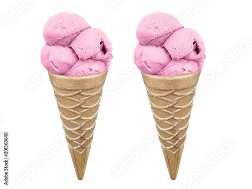strawberry Ice cream in the cone on white background