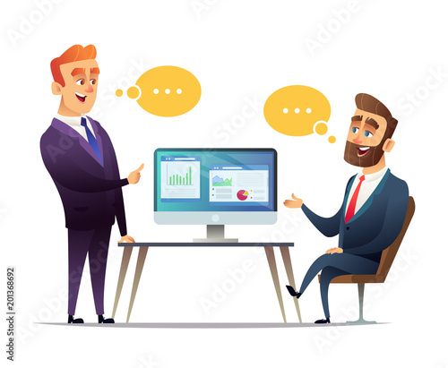 Two businessmen discuss the strategy of doing business. The employee tells the boss about business ideas. Predprenimateli talk about commercial enterprise.