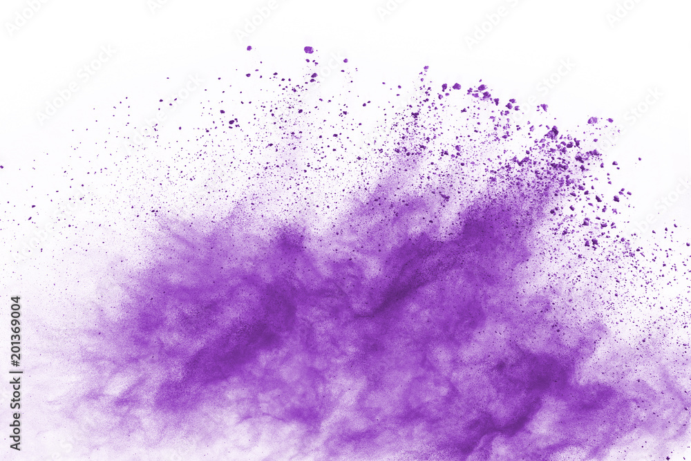 Purple powder explosion on white background. Colored cloud. Colorful dust explode. Paint Holi.