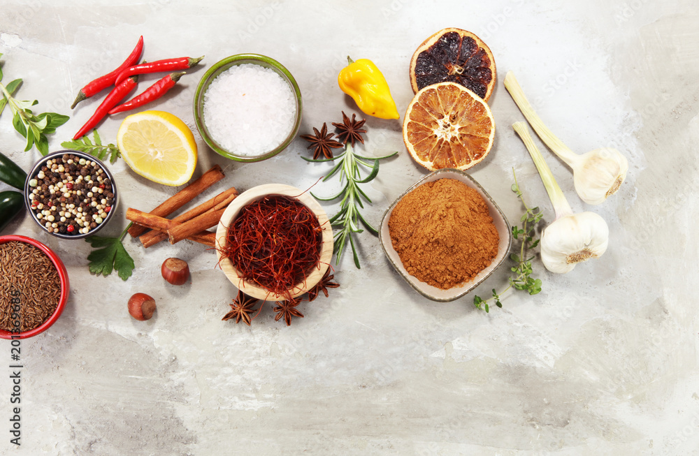 Spices and herbs on table. Food and cuisine ingredients. Spices and herbs on table. Food and cuisine ingredients.